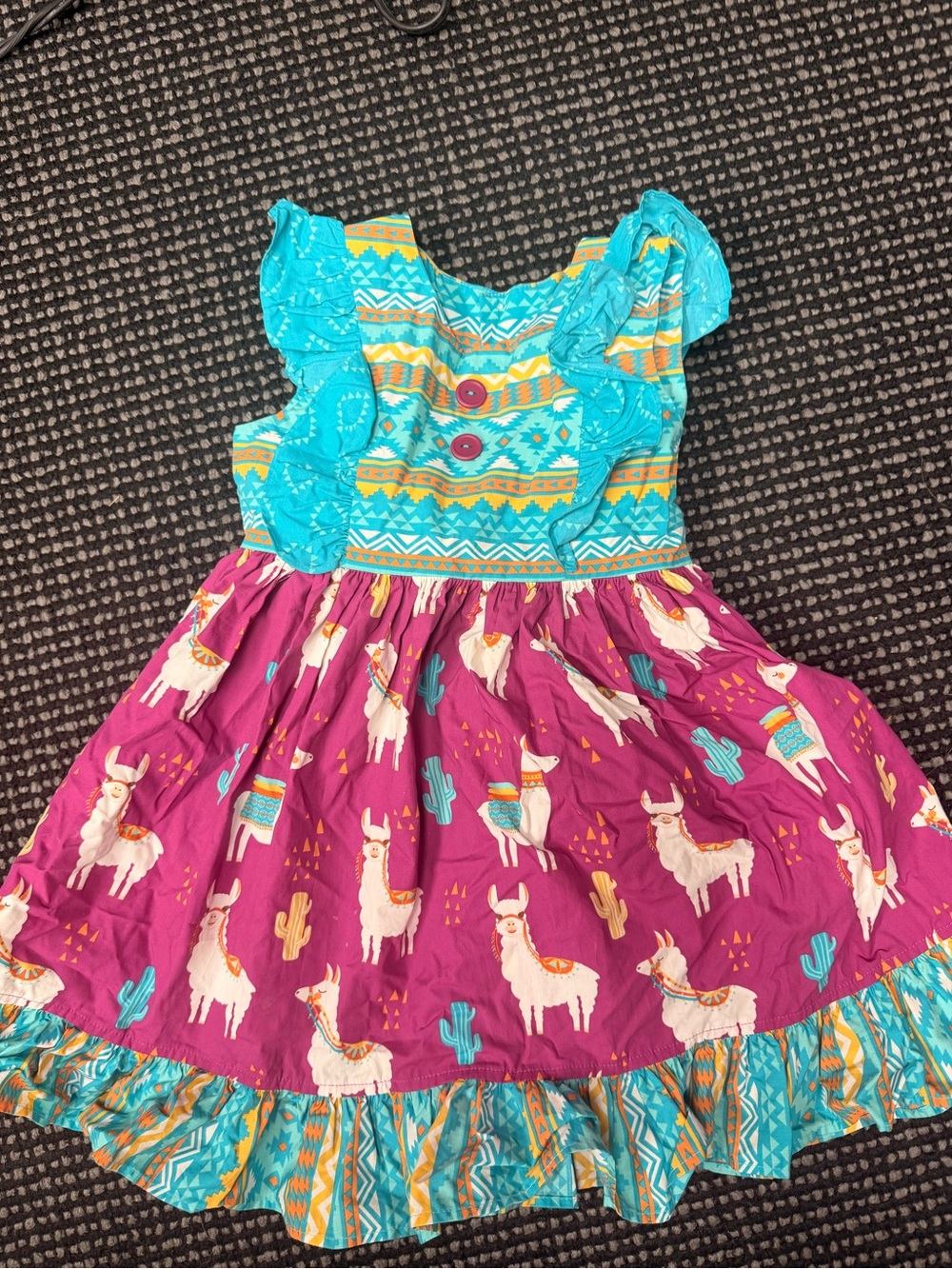 Eleanor Rose Turquoise and Magenta Llama Print Ruffle Dress with Aztec Trim